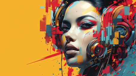 a woman with headphones and colorful paint splatters on her faceの素材