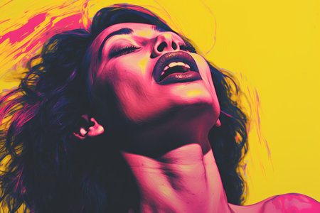a woman with her mouth open in front of a colorful backgroundの素材
