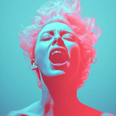 a woman with her mouth open in front of a blue and pink backgroundの素材