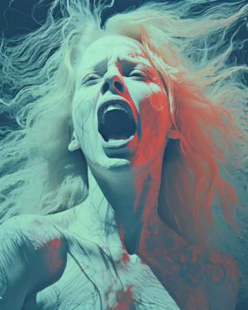 a woman with her mouth open in front of a blue and red backgroundの素材