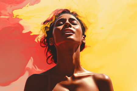 a woman with her head up in the air with a bright yellow and orange backgroundの素材
