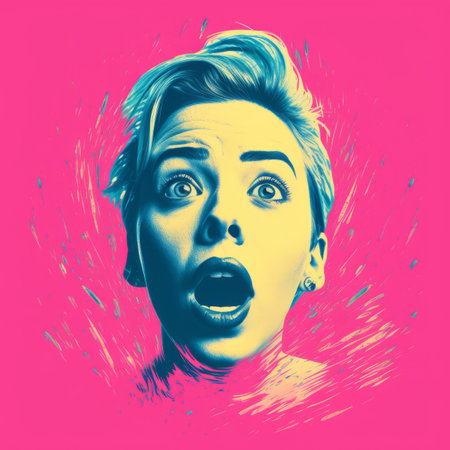 a woman with her mouth open in front of a pink backgroundの素材