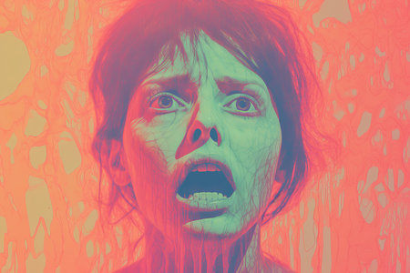 a woman with her mouth open in front of a colorful backgroundの素材