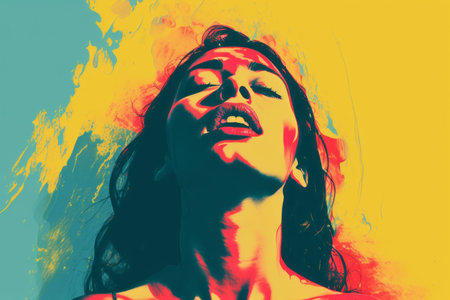 a woman with her mouth open in front of a colorful backgroundの素材
