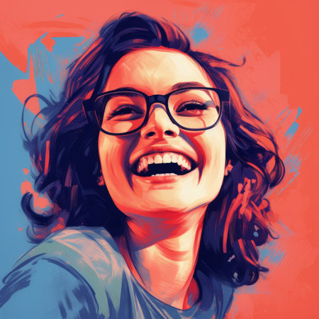 a woman with glasses and a smile on her faceの素材