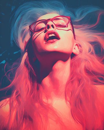 a woman with glasses and pink hairの素材