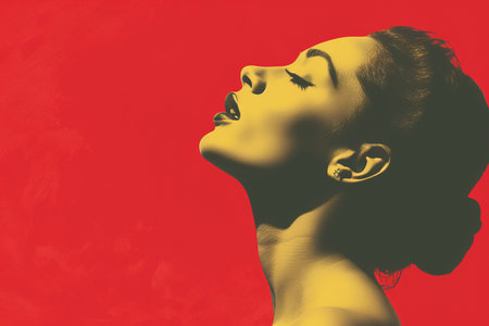 a woman with her mouth open on a red backgroundの素材