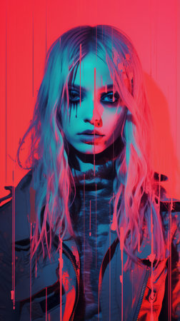 a woman with long blonde hair and blue eyes is standing in front of a red and blue backgroundの素材