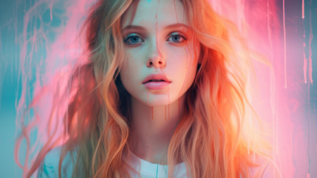 a woman with long blonde hair in front of a colorful backgroundの素材