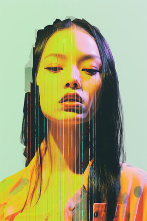 a woman with long black hair and an orange shirtの素材