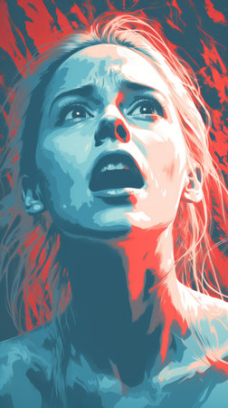 a woman with her mouth open in front of a red and blue backgroundの素材