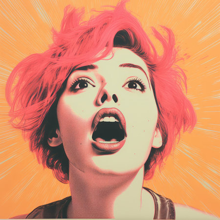 a woman with her mouth open in front of an orange backgroundの素材