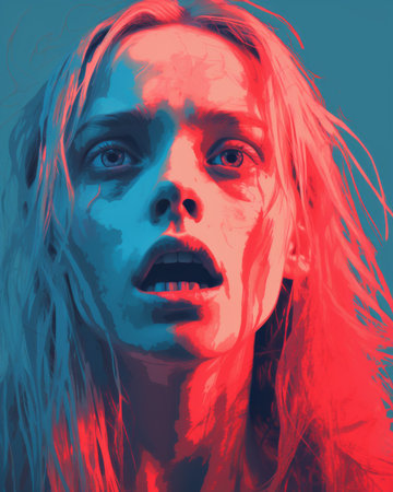 a woman with long blonde hair and blue eyes is staring into the cameraの素材