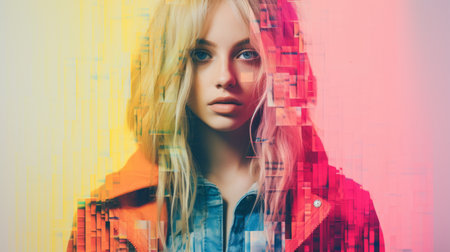 a woman with long blonde hair and an orange jacketの素材
