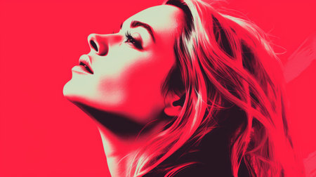 a woman with long blonde hair is looking up in front of a red backgroundの素材