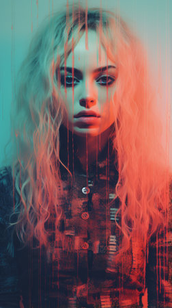 a woman with long blonde hair standing in front of a red and blue backgroundの素材