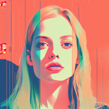 a woman with long blonde hair is in front of a colorful backgroundの素材