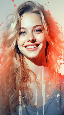 a woman with long blonde hair is smiling in front of an abstract paintingの素材