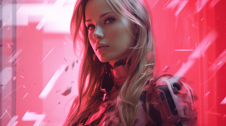 a woman with long blonde hair in a red backgroundの素材