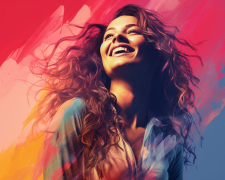 a woman with long curly hair is smiling in front of a colorful backgroundの素材