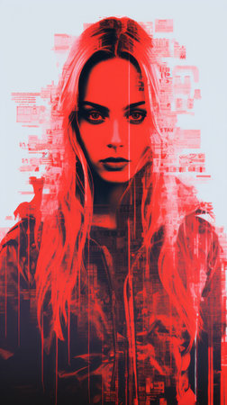 a woman with long blonde hair and red hair is shown in a red and black posterの素材
