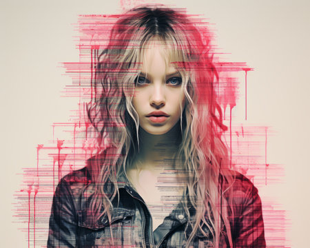 a woman with long hair and red paint on her faceの素材