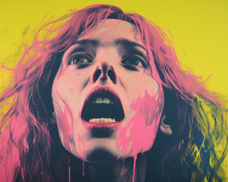 a woman with pink and blue paint on her faceの素材