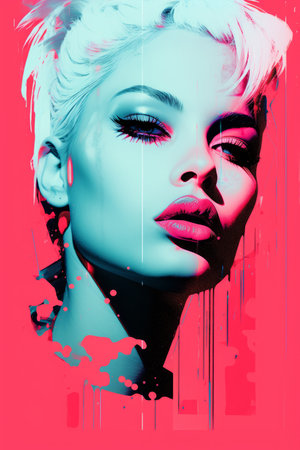 a woman with pink and blue paint splatters on her faceの素材