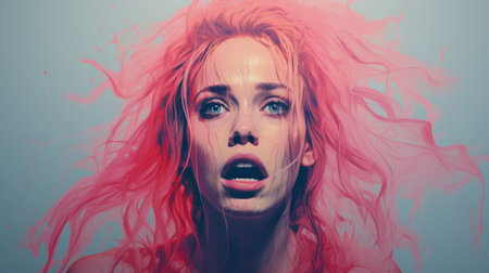 a woman with pink hair and blue eyesの素材