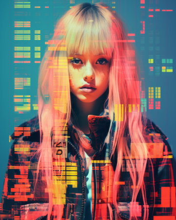 a woman with pink hair and a jacket in front of a colorful backgroundの素材