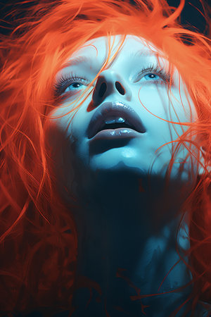 a woman with long red hair and blue eyesの素材
