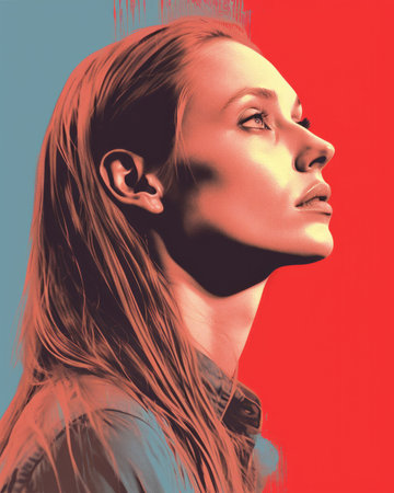 a woman with long hair and a red and blue backgroundの素材