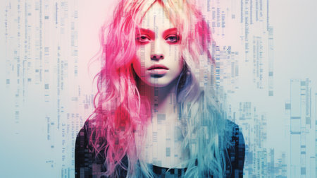 a woman with pink and blue hair standing in front of a computer screenの素材