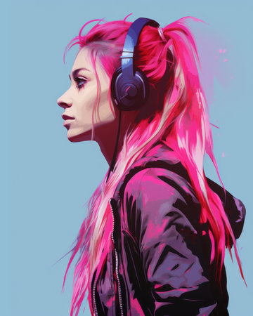 a woman with pink hair and headphonesの素材