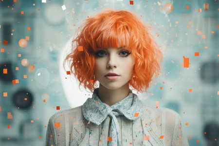a woman with orange hair and a blue shirtの素材