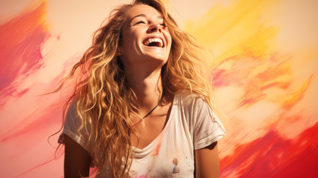 a woman with long hair is laughing and smiling in front of a colorful backgroundの素材