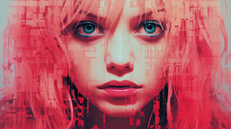 a woman with pink hair and blue eyesの素材