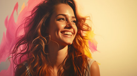 a woman with long hair is smiling in front of a colorful backgroundの素材