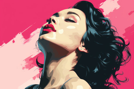 a woman with long hair and red lipstick on a pink backgroundの素材