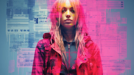 a woman with pink hair and red jacket standing in front of a computer screenの素材