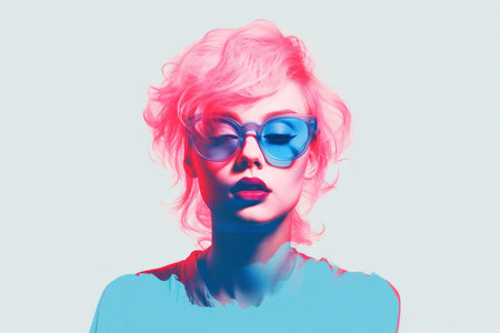 a woman with pink hair and blue glassesの素材