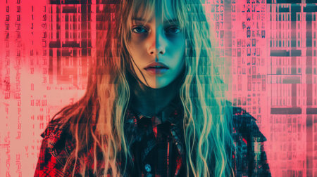 a woman with long hair standing in front of a red and pink backgroundの素材