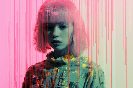 a woman with pink hair standing in front of a pink backgroundの素材