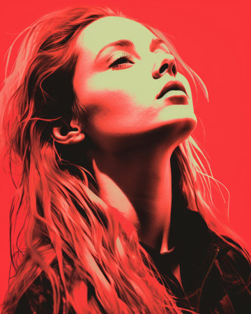 a woman with long hair and red backgroundの素材