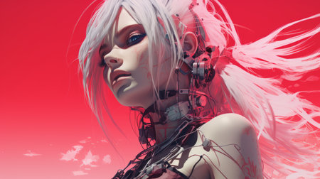 a woman with long white hair and a red backgroundの素材