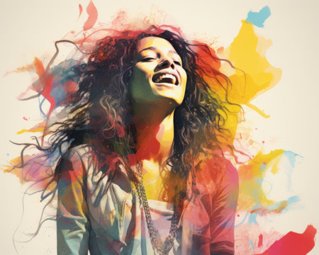 a woman with long hair and colorful paint on her faceの素材
