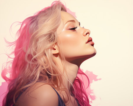 a woman with pink hair is looking upの素材