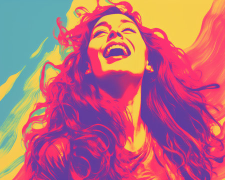 a woman with long hair is laughing in front of a colorful backgroundの素材