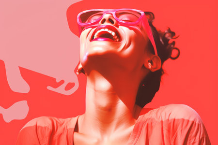 a woman with pink glasses is laughing and smilingの素材