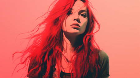 a woman with long red hair is standing in front of a pink backgroundの素材